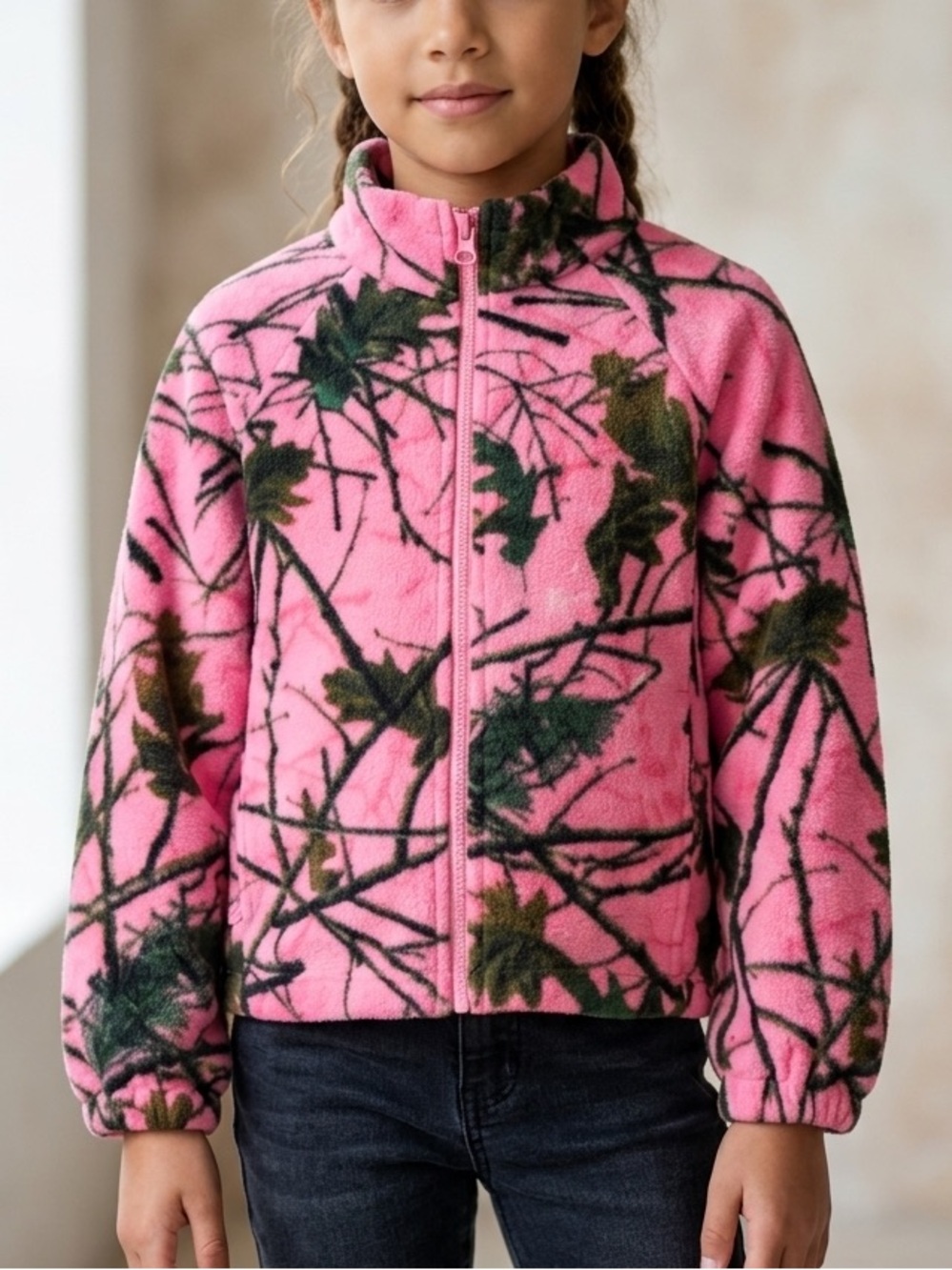Kids Pink Fleece Zip-Up Hoodie with Leaf Print